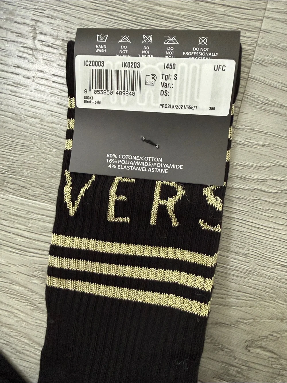 Versace 1990’s Vintage Logo Black & Gold Signature Stripe Crew Socks